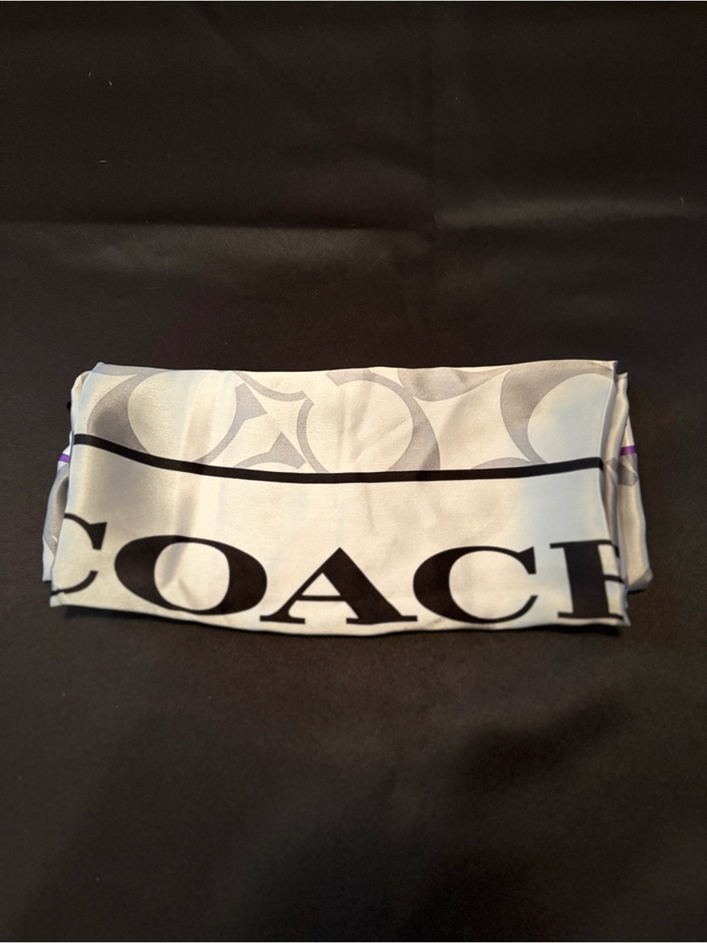 COACH Gray and Black Logo Silk Scarf with Purple Trim - Picture 6 of 6